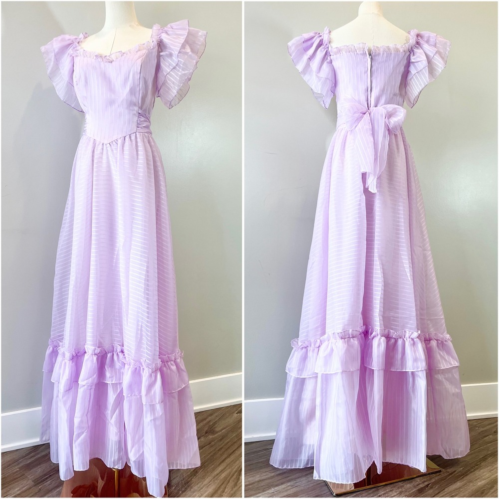 Vintage 1970s / 1980s Purple Ruffle Dress Elegant Princess Fairy 60s 70s Maxi